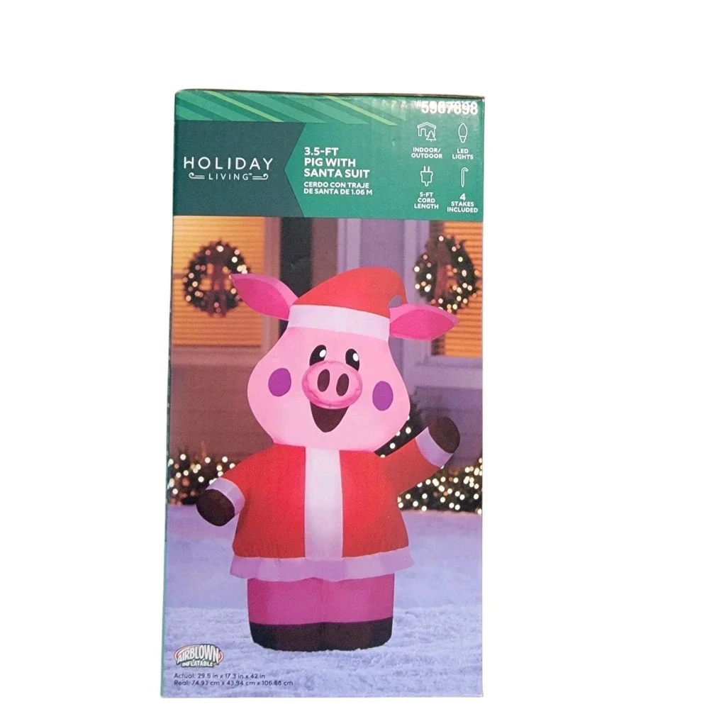 3.5 FT Super Cute Pink Pig Santa Suit LED Christmas‎ Inflatable Yard Decoration